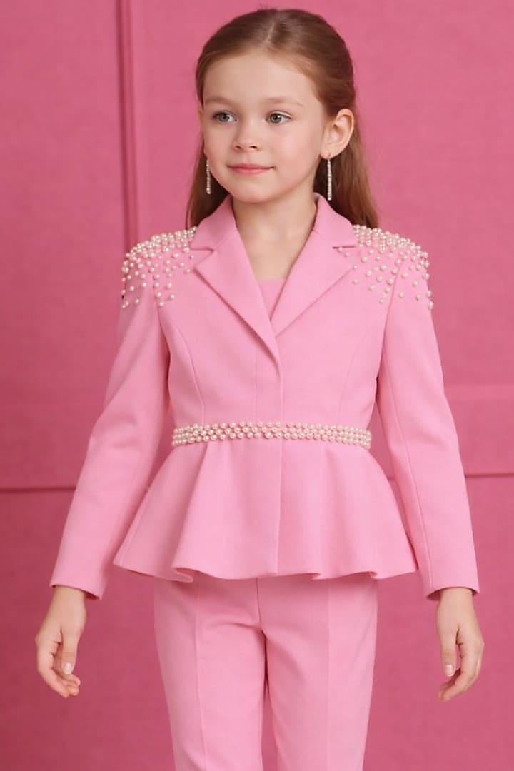 Pink Japanese Crepe Pearl Embroidered Co-Ord Set For Girls by The Little celebs at Pernia's Pop Up Shop