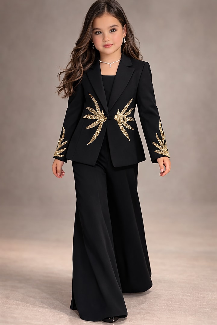 Black Japanese Crepe Sequin Embroidered Co-Ord Set For Girls by The Little celebs at Pernia's Pop Up Shop