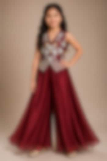 Maroon Japanese Crepe Sharara Set For Girls by The Little celebs at Pernia's Pop Up Shop