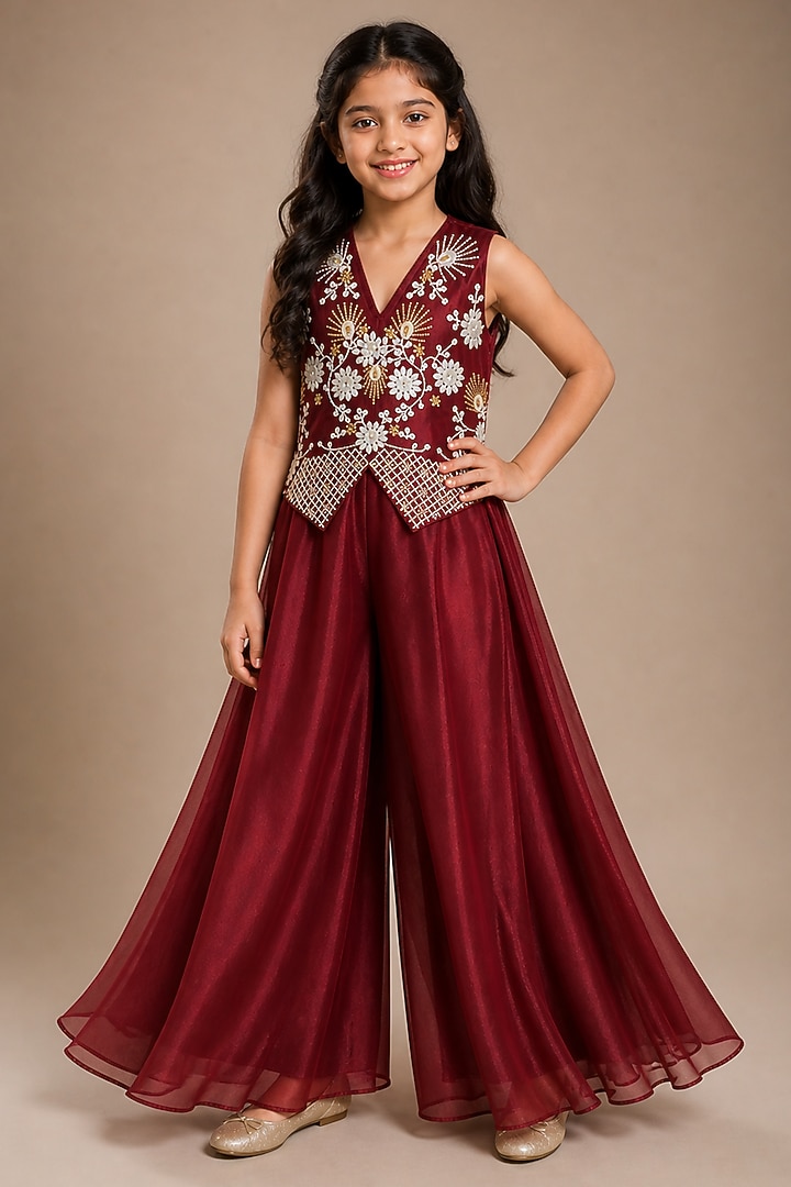 Maroon Japanese Crepe Sharara Set For Girls by The Little celebs at Pernia's Pop Up Shop