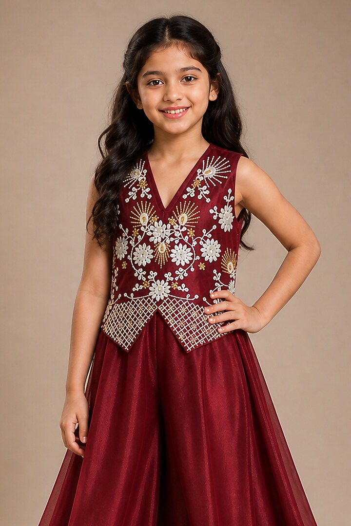 Maroon Japanese Crepe Sharara Set For Girls by The Little celebs at Pernia's Pop Up Shop