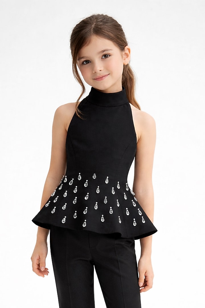 Black Japanese Crepe Crystal Embellished Co-Ord Set For Girls by The Little celebs at Pernia's Pop Up Shop