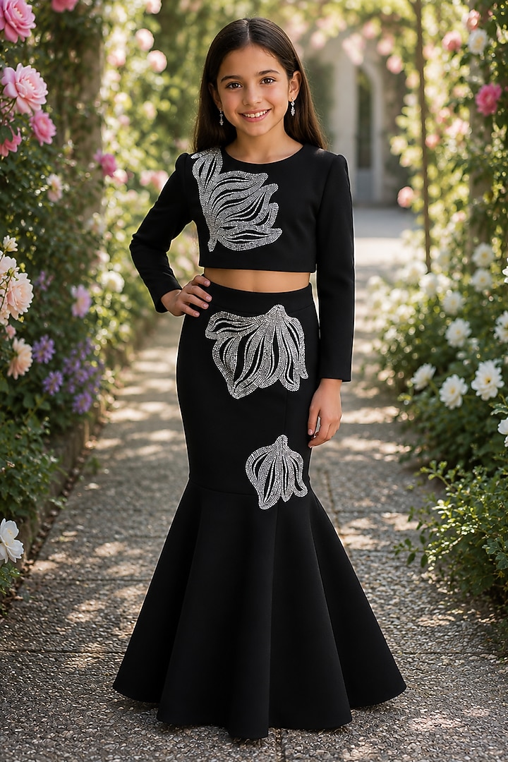 Black Japanese Crepe Crystal Embroidered Fish-Cut Skirt Set For Girls by The Little celebs at Pernia's Pop Up Shop