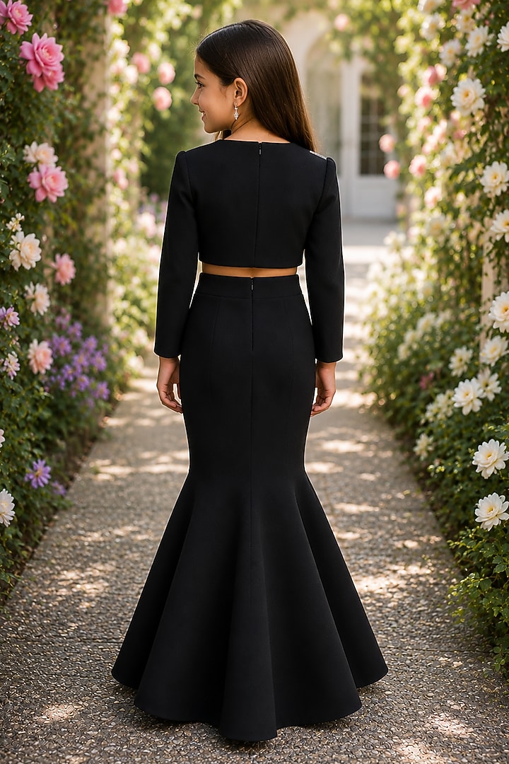 Black Japanese Crepe Crystal Embroidered Fish-Cut Skirt Set For Girls by The Little celebs at Pernia's Pop Up Shop
