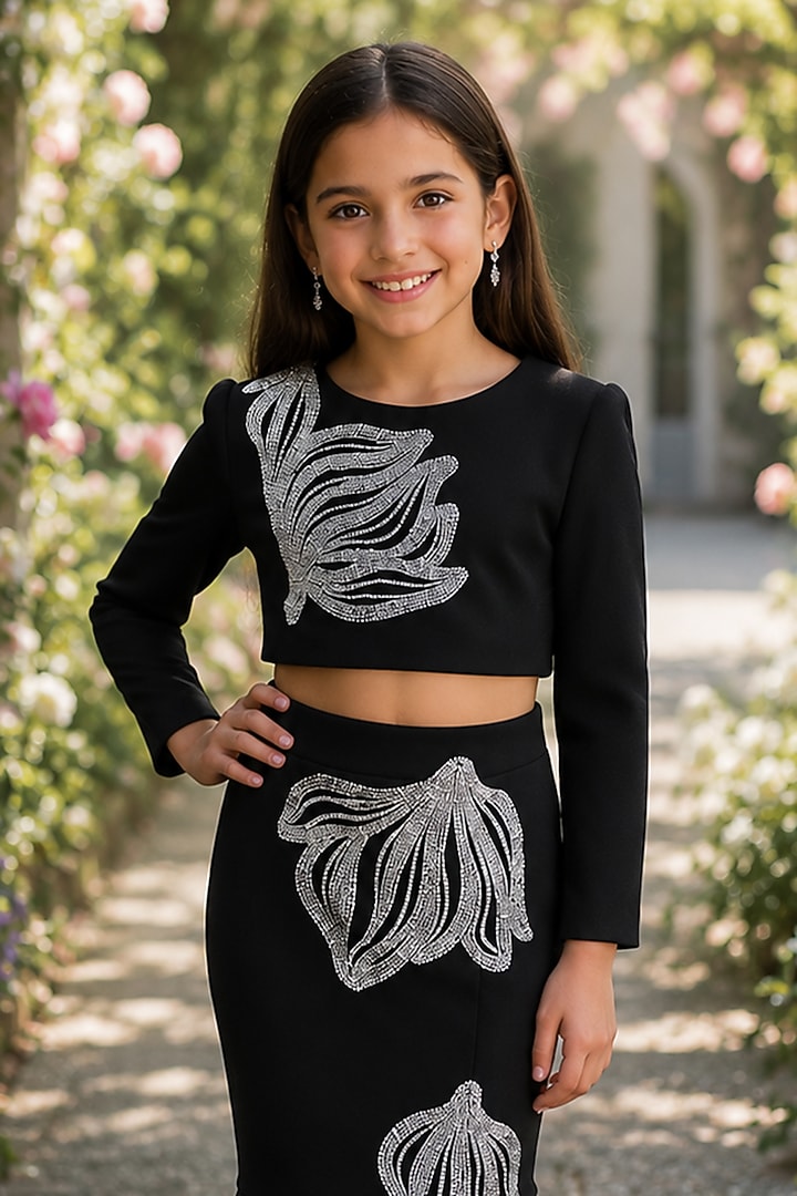 Black Japanese Crepe Crystal Embroidered Fish-Cut Skirt Set For Girls by The Little celebs at Pernia's Pop Up Shop