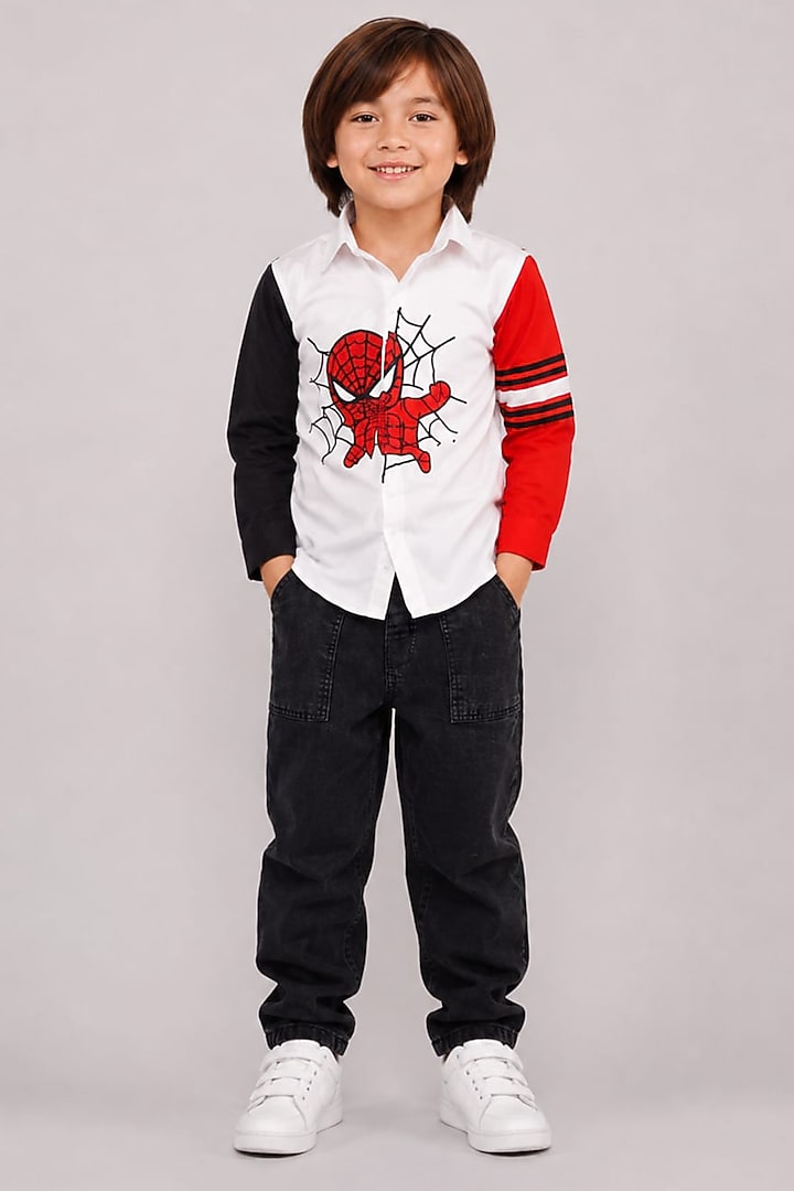 White Cotton Thread Embroidered Graphic Shirt For Boys by The Little celebs at Pernia's Pop Up Shop
