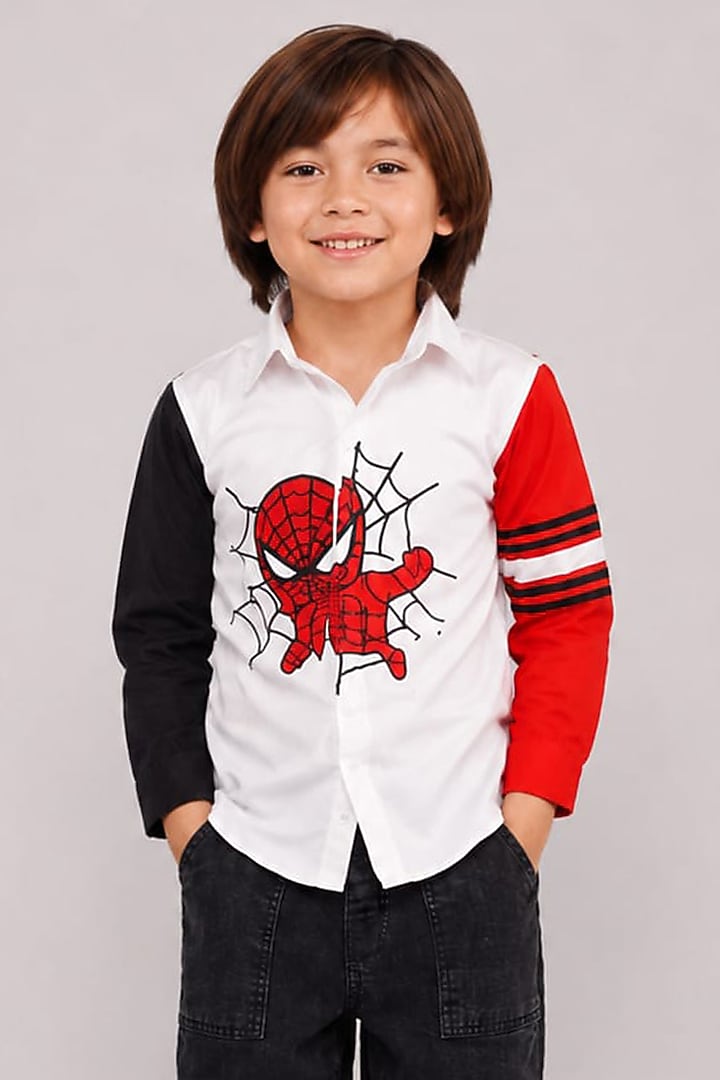 White Cotton Thread Embroidered Graphic Shirt For Boys by The Little celebs at Pernia's Pop Up Shop