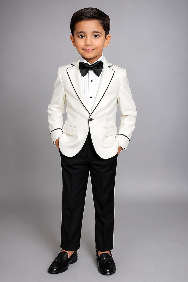 White & Black Japanese Crepe Tuxedo Set For Boys by The Little celebs at Pernia's Pop Up Shop