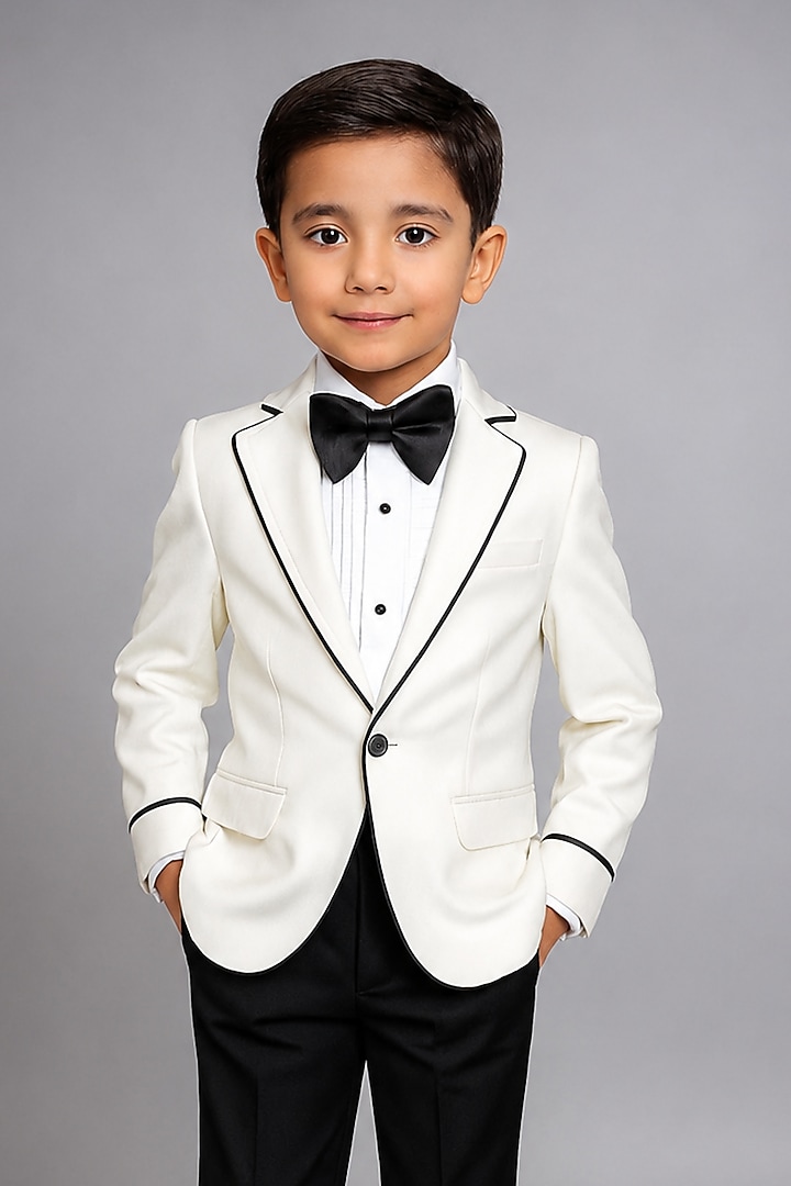 White & Black Japanese Crepe Tuxedo Set For Boys by The Little celebs at Pernia's Pop Up Shop