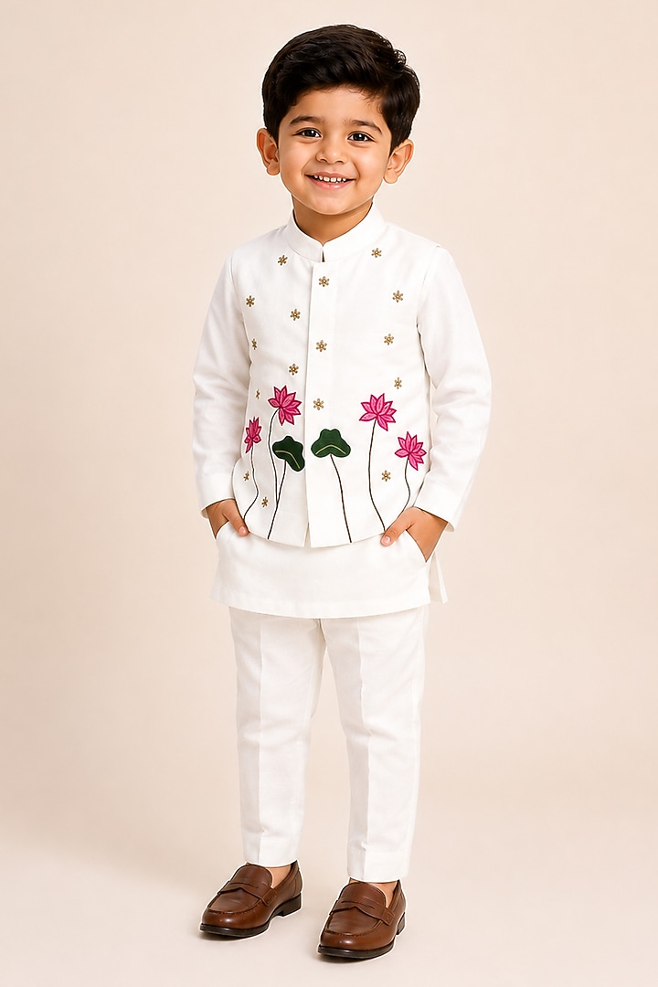 White Silk Blend Thread Embroidered Bundi Jacket Set For Boys by The Little celebs at Pernia's Pop Up Shop