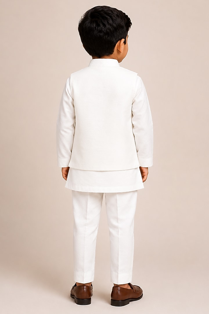 White Silk Blend Thread Embroidered Bundi Jacket Set For Boys by The Little celebs at Pernia's Pop Up Shop