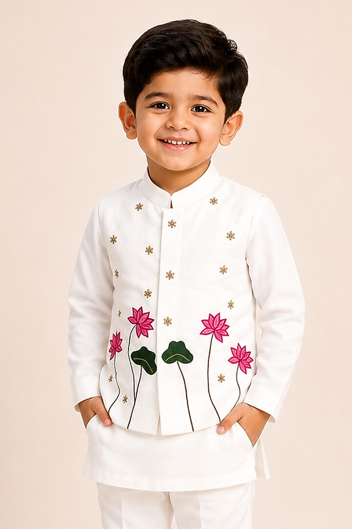 White Silk Blend Thread Embroidered Bundi Jacket Set For Boys by The Little celebs at Pernia's Pop Up Shop