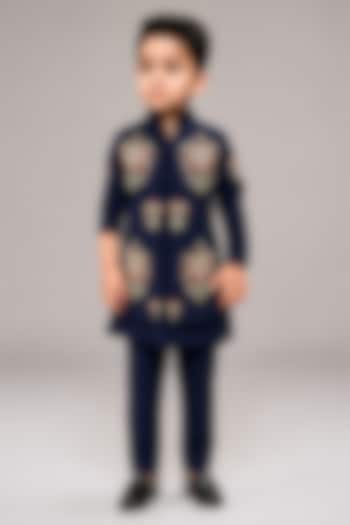 Blue Silk Blend Floral Thread Embroidered Indowestern Set For Boys by The Little celebs at Pernia's Pop Up Shop