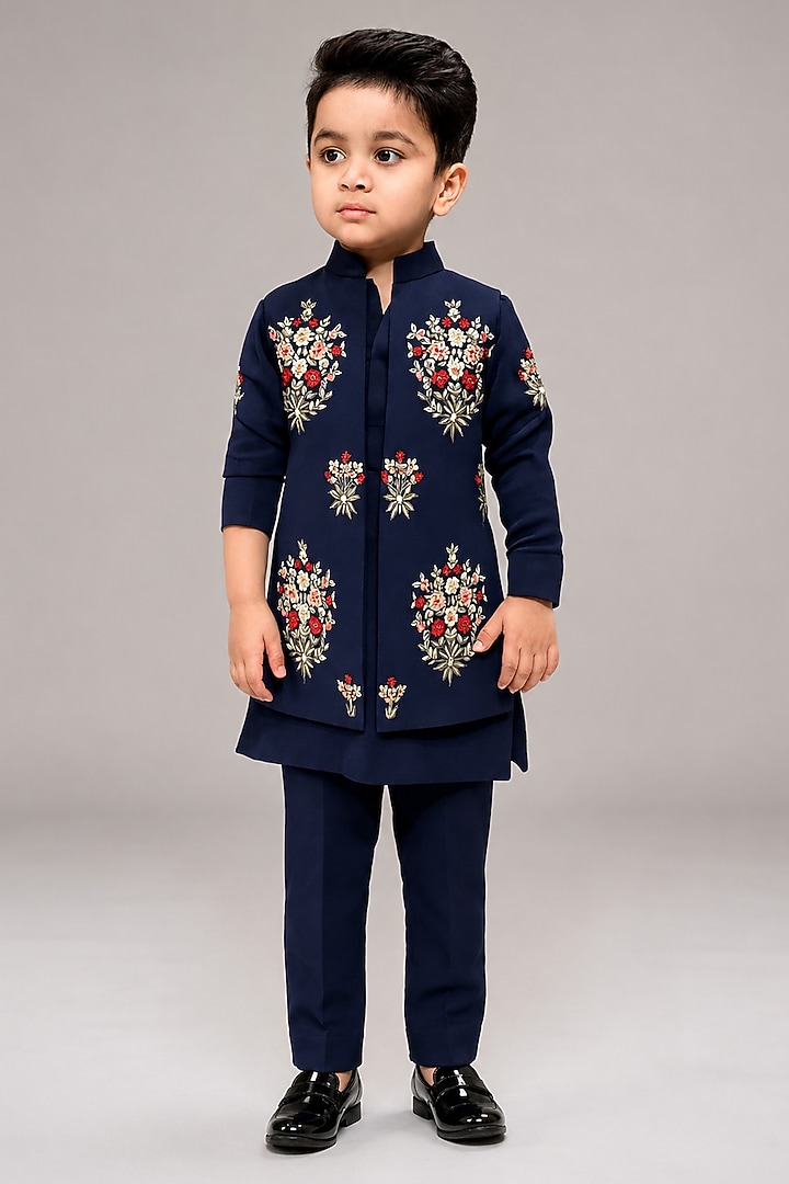 Blue Silk Blend Floral Thread Embroidered Indowestern Set For Boys by The Little celebs at Pernia's Pop Up Shop