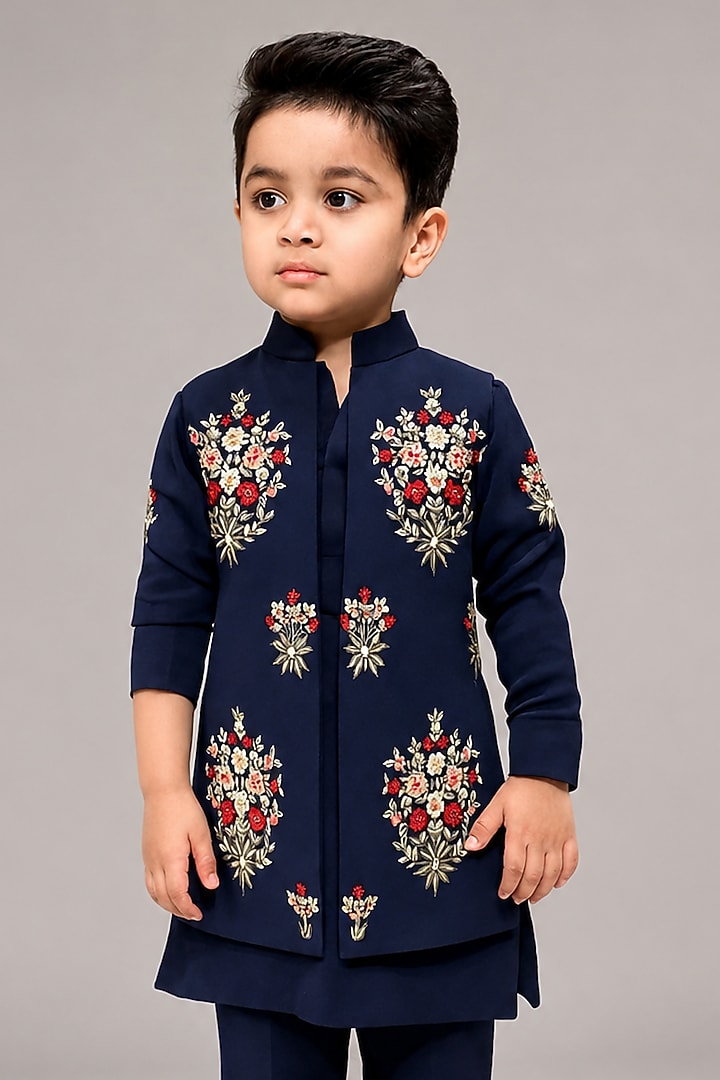 Blue Silk Blend Floral Thread Embroidered Indowestern Set For Boys by The Little celebs at Pernia's Pop Up Shop