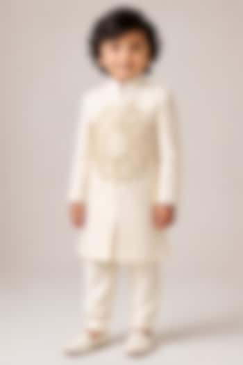 Off-White Silk Blend Sequin Embroidered Sherwani Set For Boys by The Little celebs at Pernia's Pop Up Shop