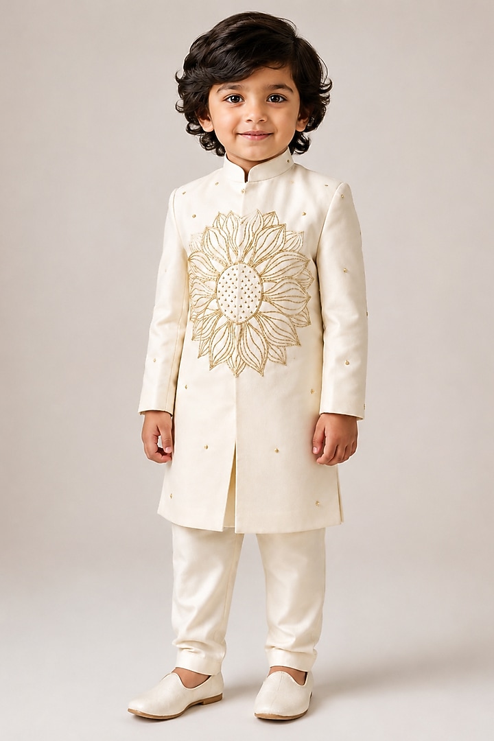 Off-White Silk Blend Sequin Embroidered Sherwani Set For Boys by The Little celebs at Pernia's Pop Up Shop
