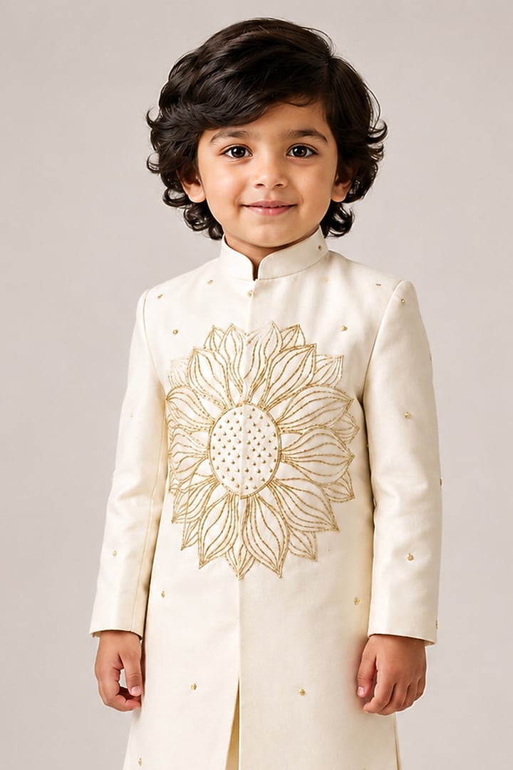 Off-White Silk Blend Sequin Embroidered Sherwani Set For Boys by The Little celebs at Pernia's Pop Up Shop