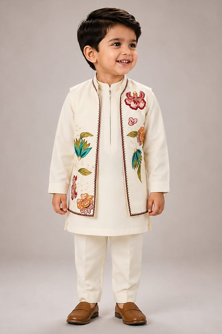 Off-White Silk Blend Floral Thread Embroidered Bundi Jacket Set For Boys by The Little celebs at Pernia's Pop Up Shop