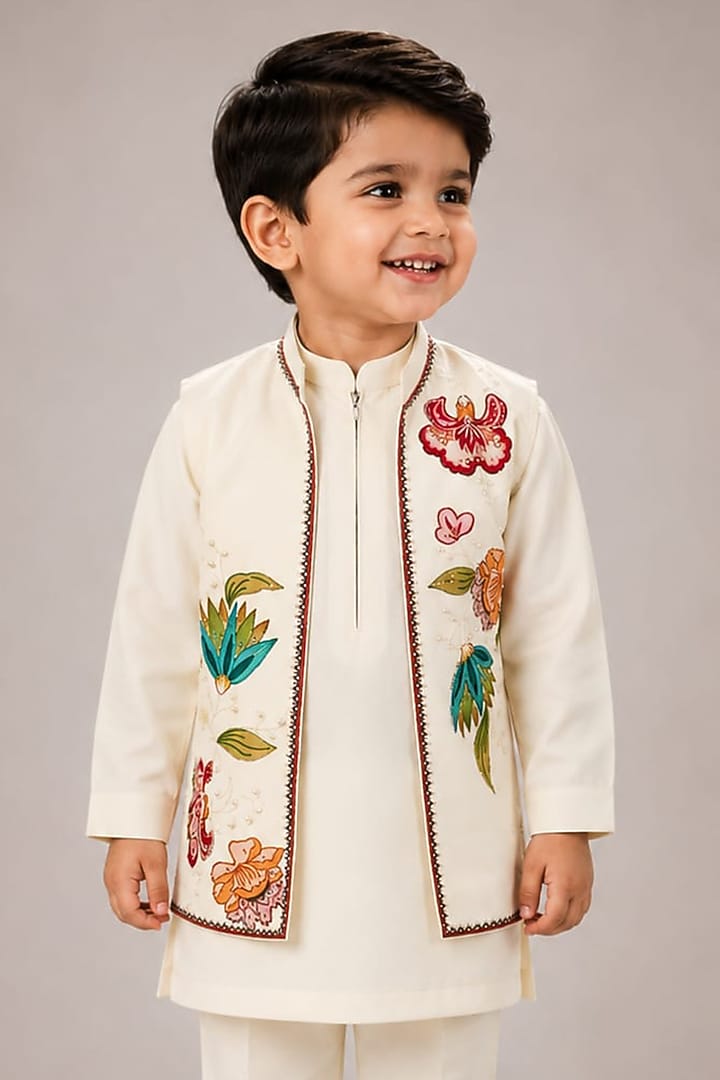 Off-White Silk Blend Floral Thread Embroidered Bundi Jacket Set For Boys by The Little celebs at Pernia's Pop Up Shop