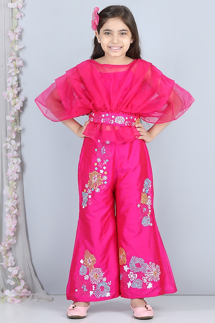 Pink Embroidered Pant Set For Girls by The Little celebs