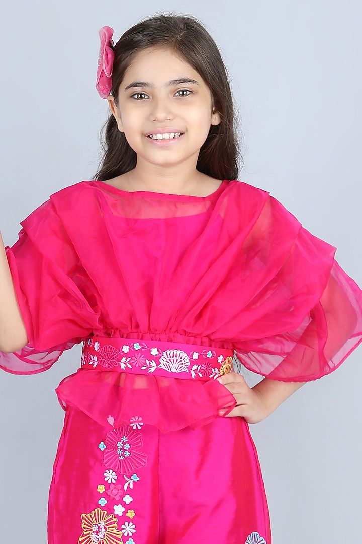 Pink Embroidered Pant Set For Girls by The Little celebs at Pernia's Pop Up Shop