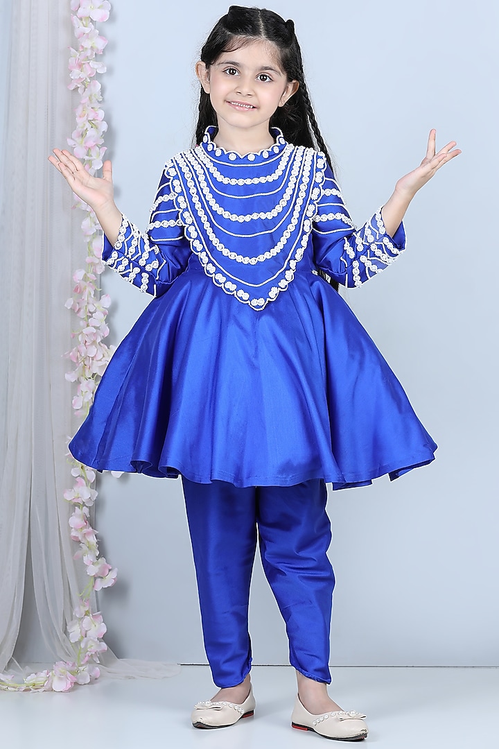 Electric Blue Embellished Kurta Set For Girls by The Little celebs