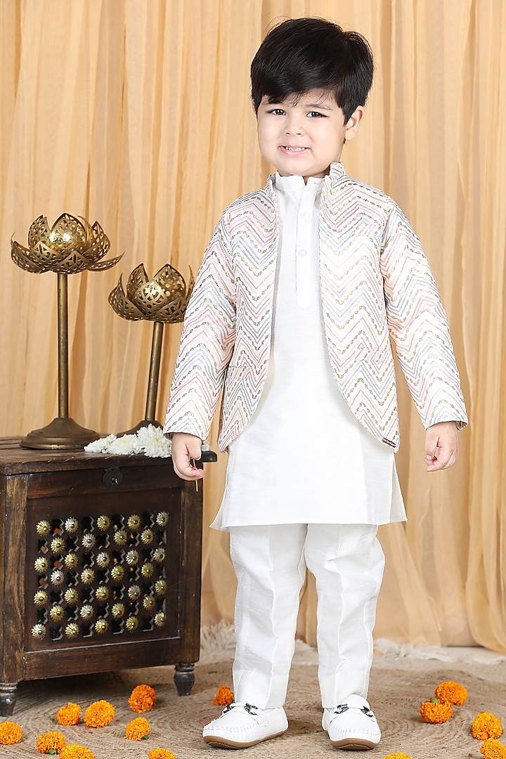White Silk Kurta Set With Coat For Boys by The Little celebs