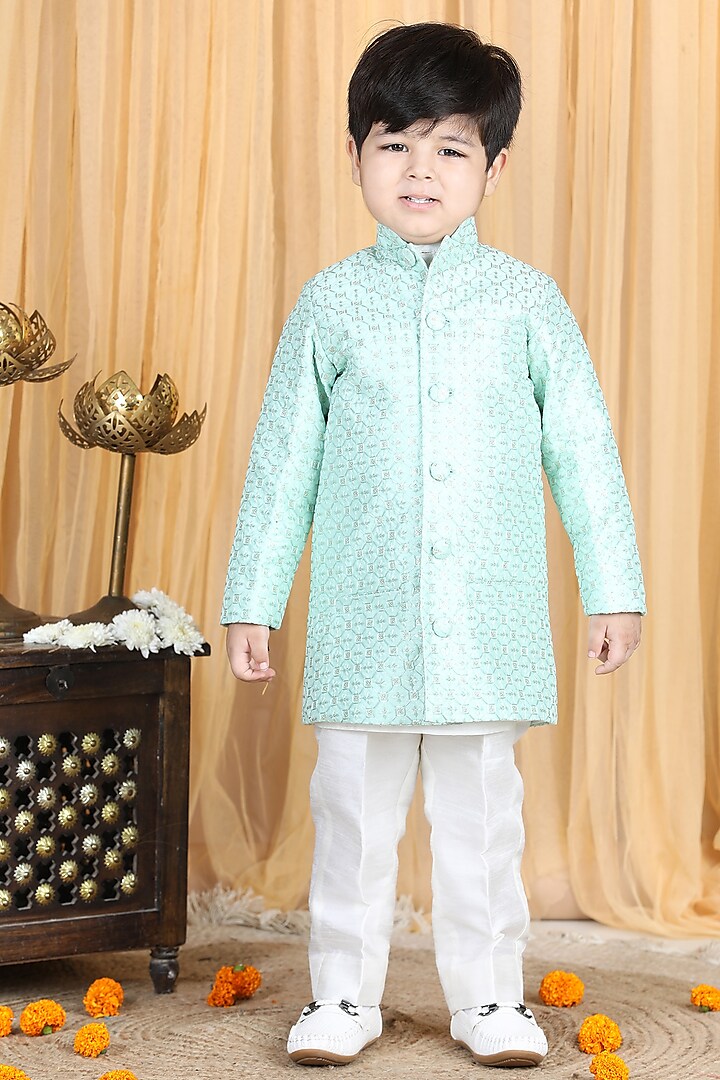 Sea Green Embroidered Sherwani Set For Boys by The Little celebs