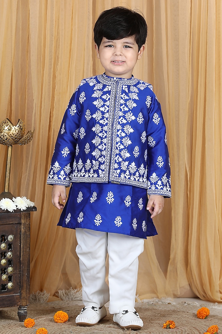 Electric Blue Embroidered Kurta Set With Bundi Jacket For Boys by The Little celebs