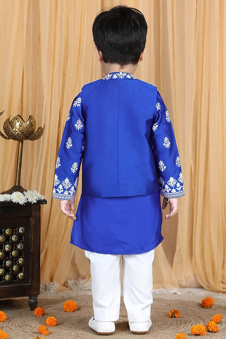 Electric Blue Embroidered Kurta Set With Bundi Jacket For Boys by The Little celebs at Pernia's Pop Up Shop