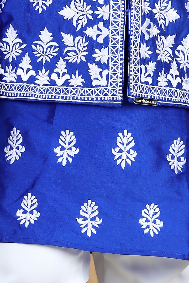 Electric Blue Embroidered Kurta Set With Bundi Jacket For Boys by The Little celebs at Pernia's Pop Up Shop