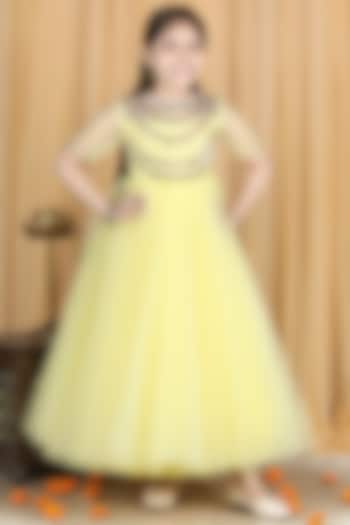 Yellow Embroidered Anarkali For Girls by The Little celebs