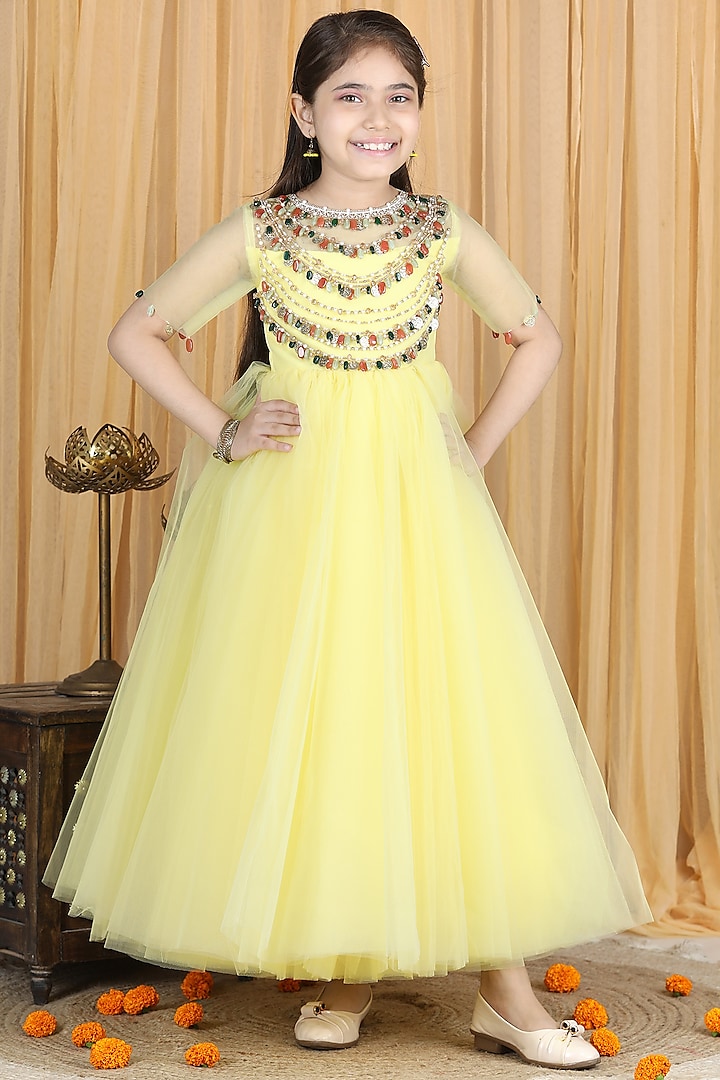 Yellow Embroidered Anarkali For Girls by The Little celebs