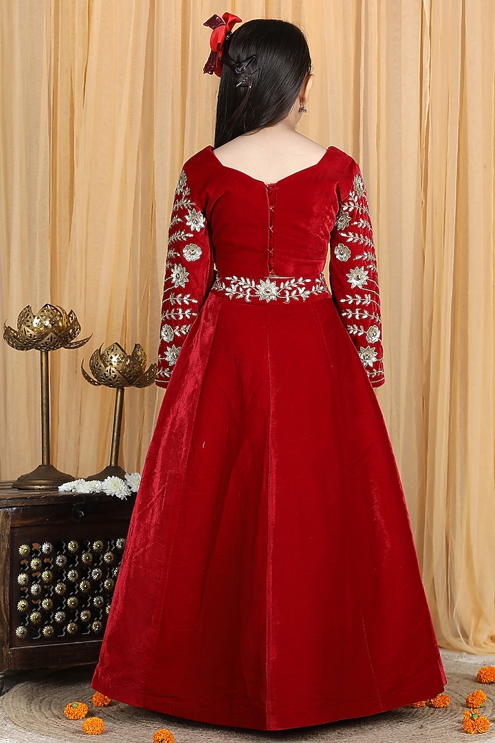 Maroon Velvet Embroidered Lehenga Set For Girls by The Little celebs at Pernia's Pop Up Shop