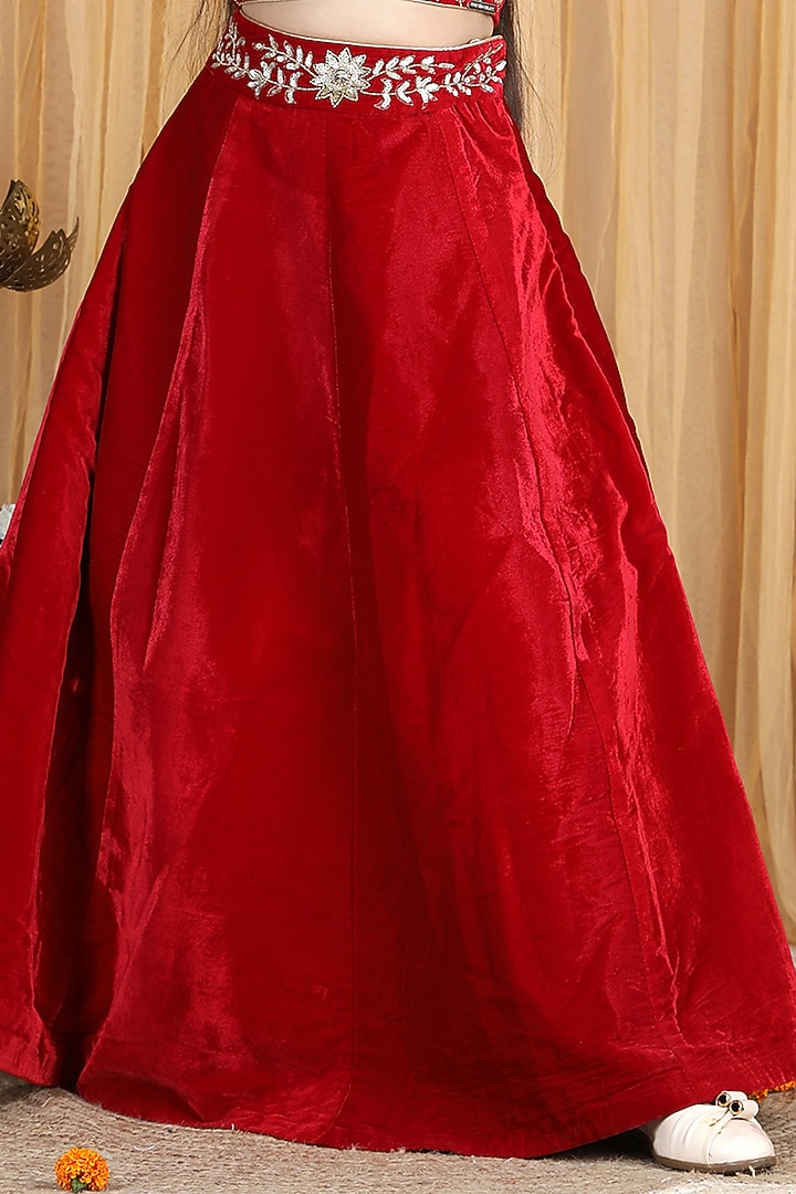 Maroon Velvet Embroidered Lehenga Set For Girls by The Little celebs at Pernia's Pop Up Shop