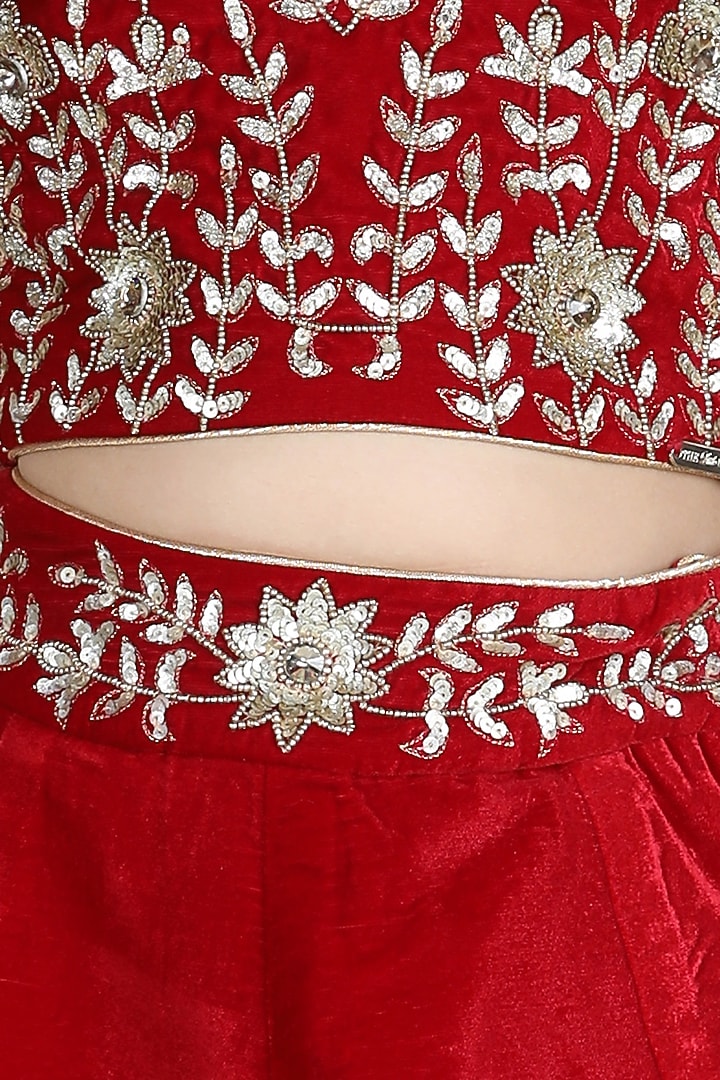 Maroon Velvet Embroidered Lehenga Set For Girls by The Little celebs at Pernia's Pop Up Shop