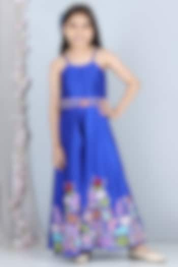 Electric Blue Embroidered Jumpsuit For Girls by The Little celebs