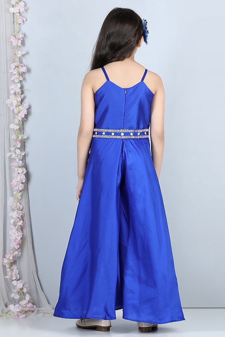 Electric Blue Embroidered Jumpsuit For Girls by The Little celebs at Pernia's Pop Up Shop
