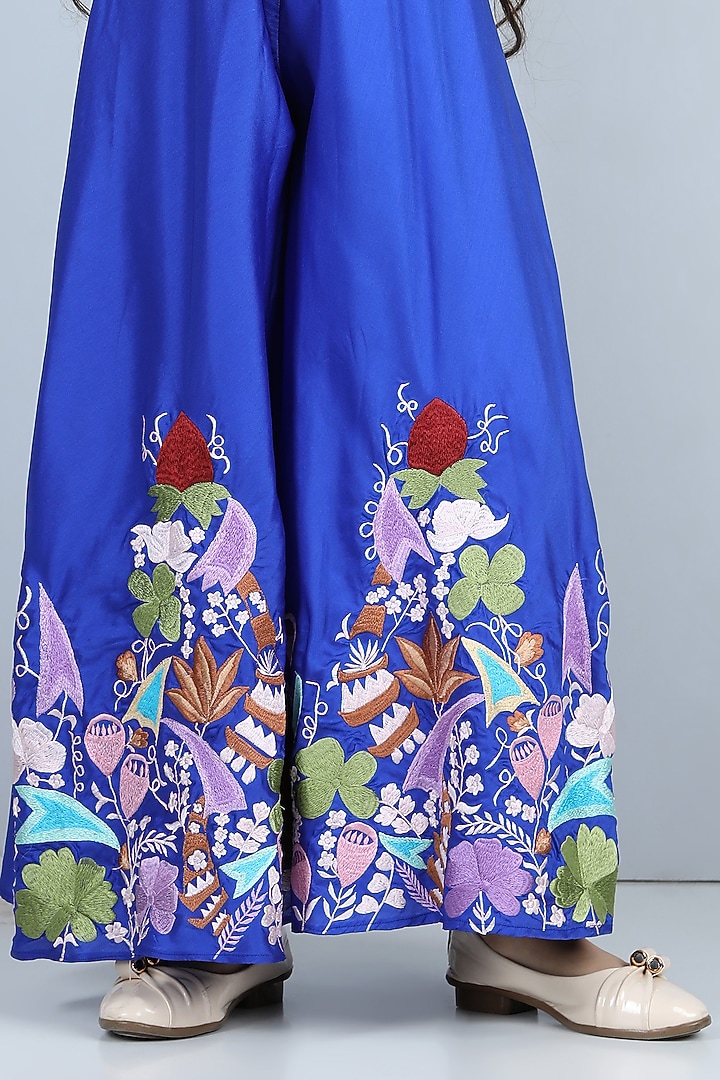 Electric Blue Embroidered Jumpsuit For Girls by The Little celebs at Pernia's Pop Up Shop