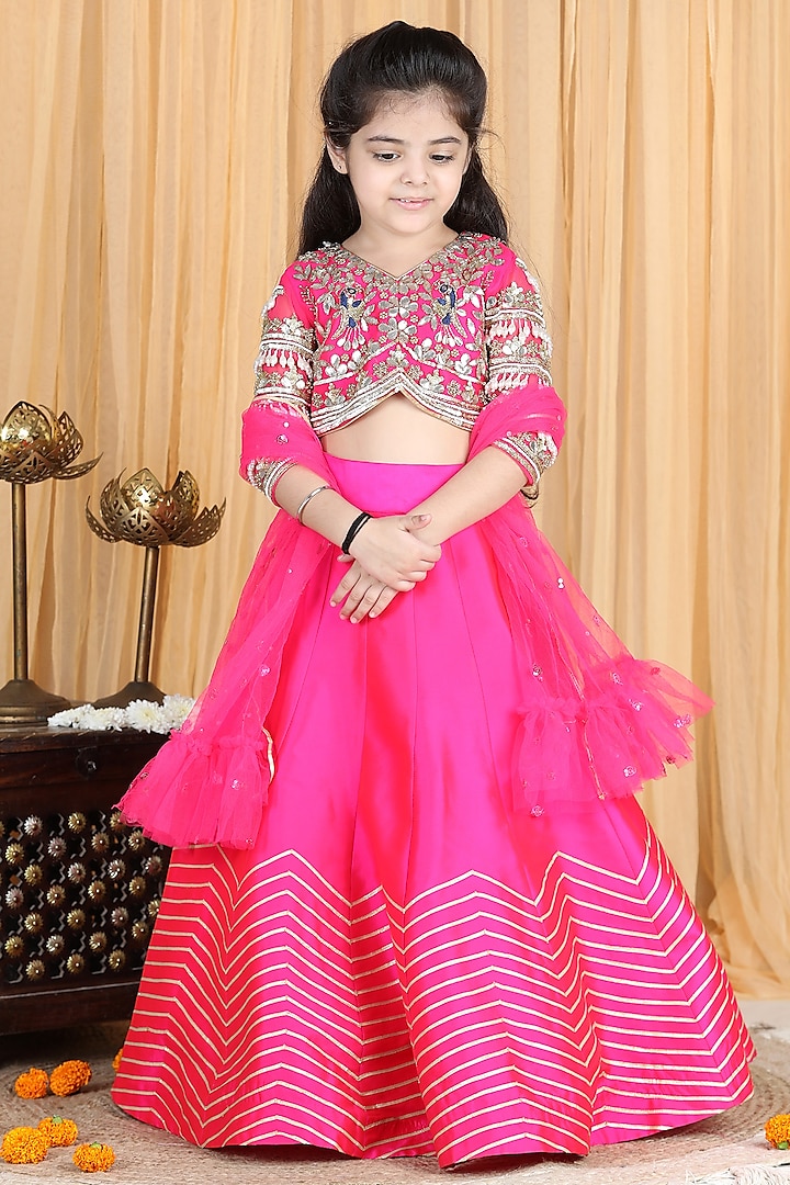 Hot Pink Embroidered Lehenga Set For Girls by The Little celebs