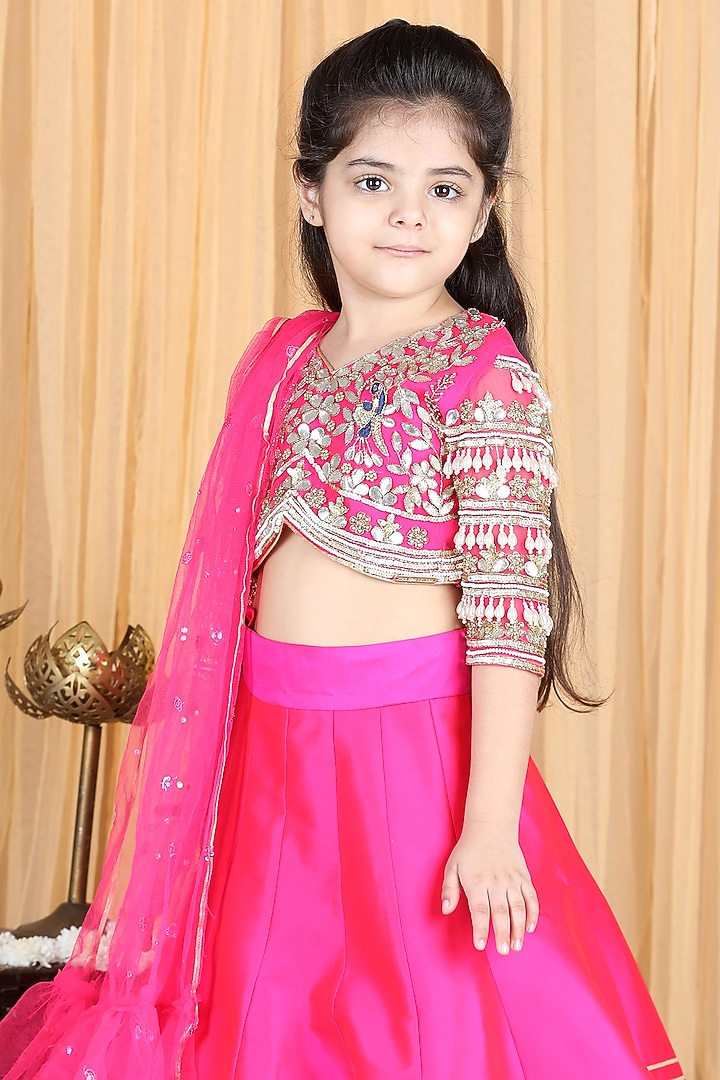 Hot Pink Embroidered Lehenga Set For Girls by The Little celebs at Pernia's Pop Up Shop