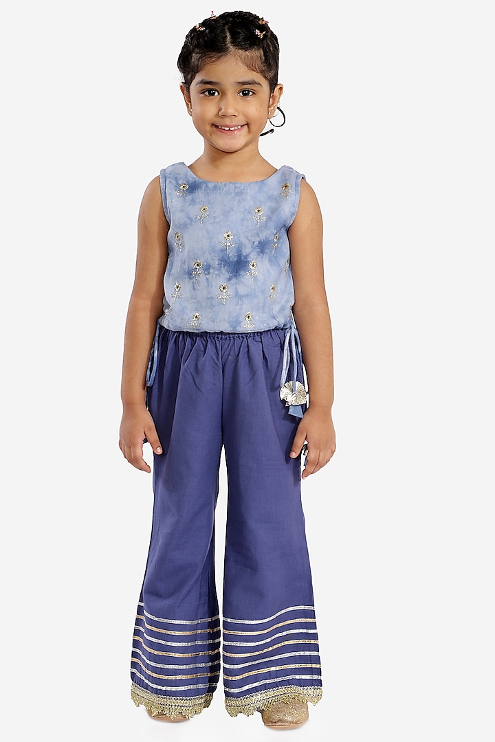 Blue Printed & Embroidered Palazzo Set For Girls by Lil Drama