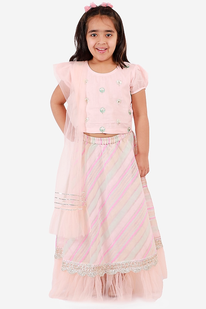 Peach Polyester Skirt Set For Girls by Lil Drama