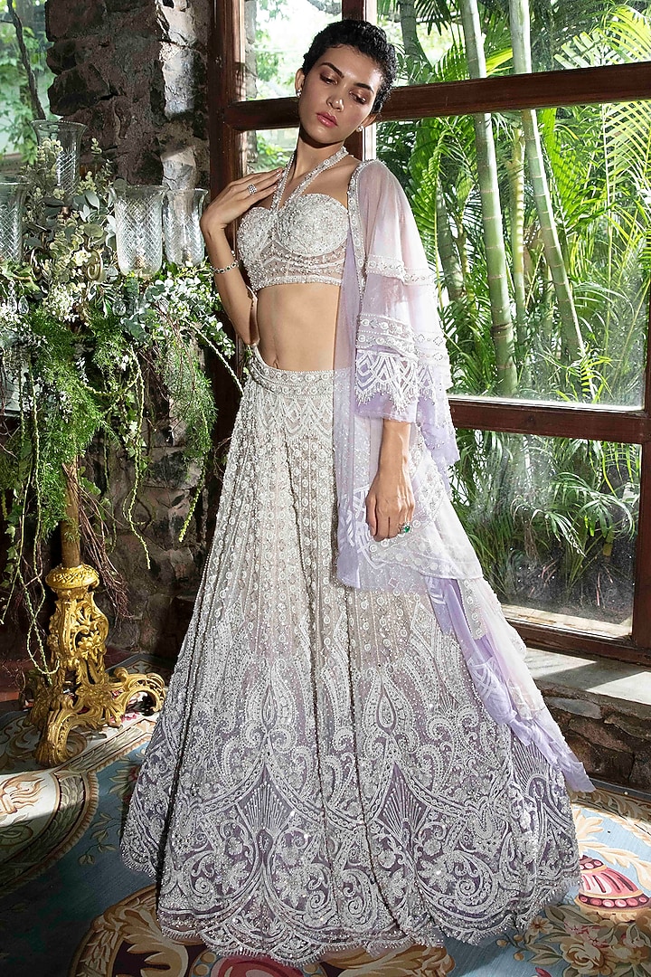 Ivory & Lilac Tulle Threadwork Embroidered Ombre Bridal Lehenga Set by Cherie D at Pernia's Pop Up Shop