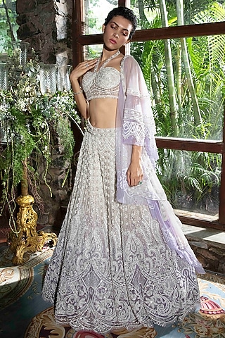 Ivory & Lilac Tulle Threadwork Embroidered Ombre Lehenga Set by Cherie D