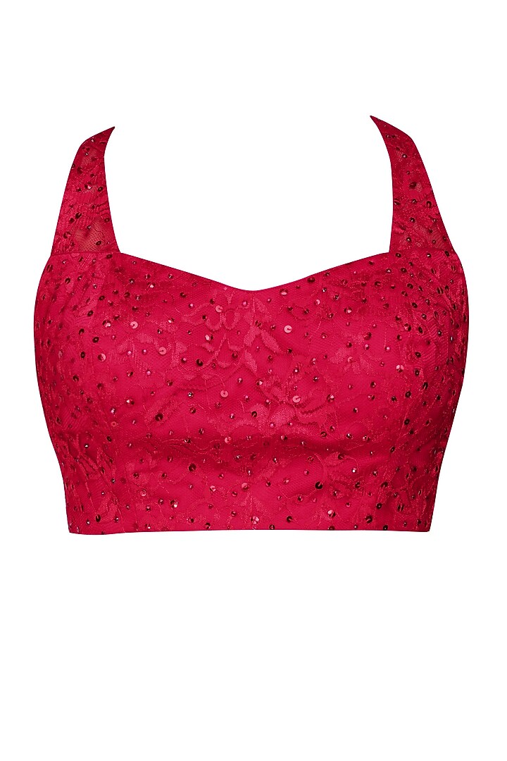 Red stones and sequins embroidered pre draped saree available only at Pernia's Pop Up Shop.