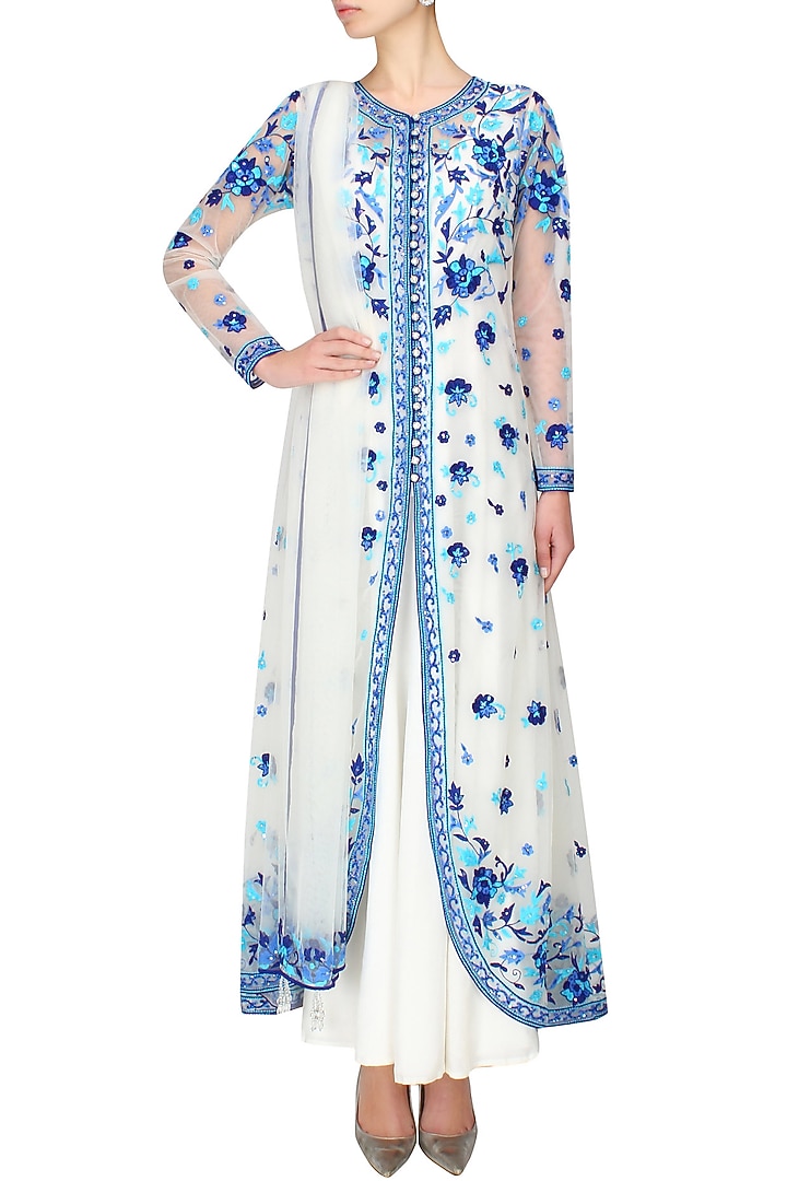 Ivory and blue floral embroidered anarkali and jacket set available only at Pernia's Pop Up Shop.