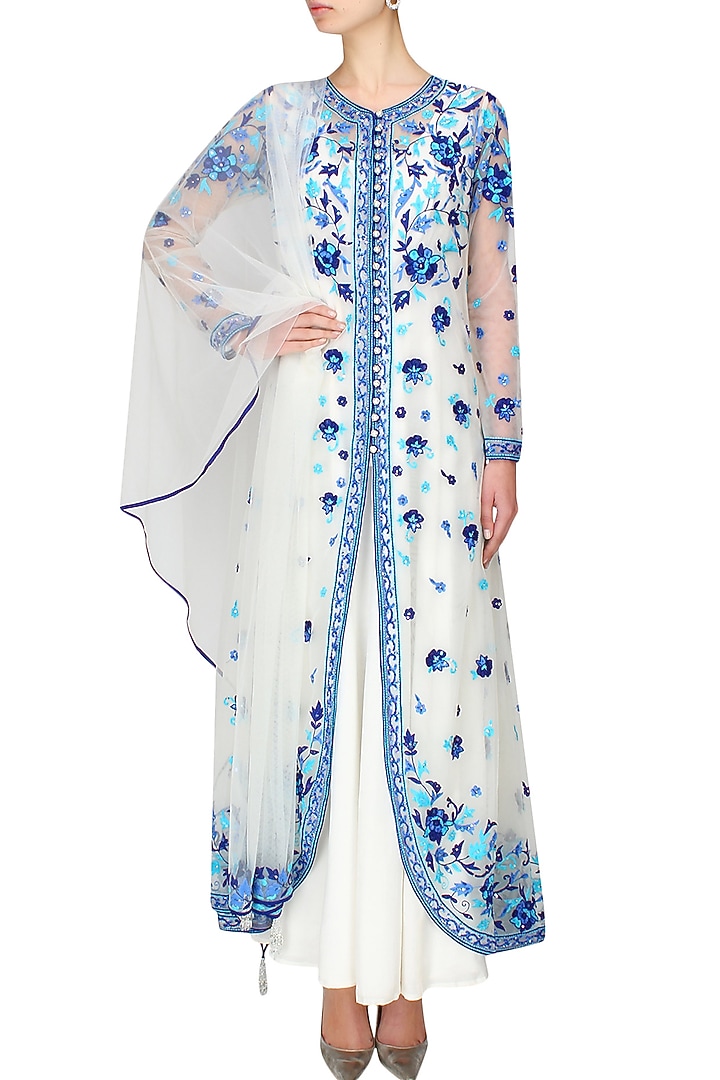 Ivory and blue floral embroidered anarkali and jacket set available only at Pernia's Pop Up Shop.