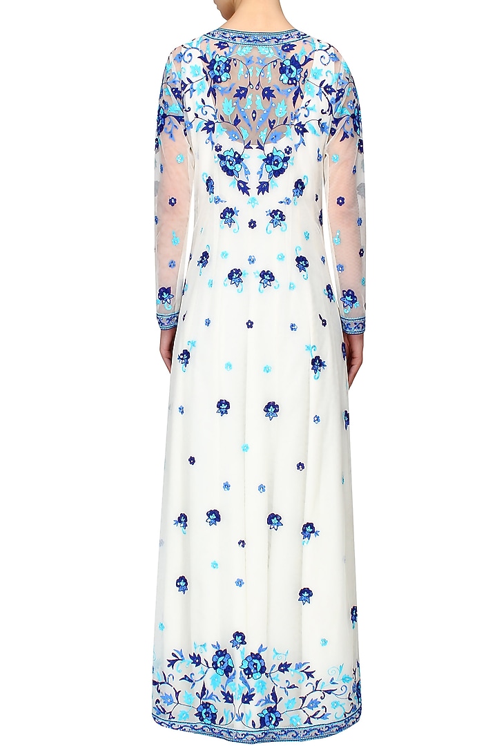 Ivory and blue floral embroidered anarkali and jacket set available only at Pernia's Pop Up Shop.